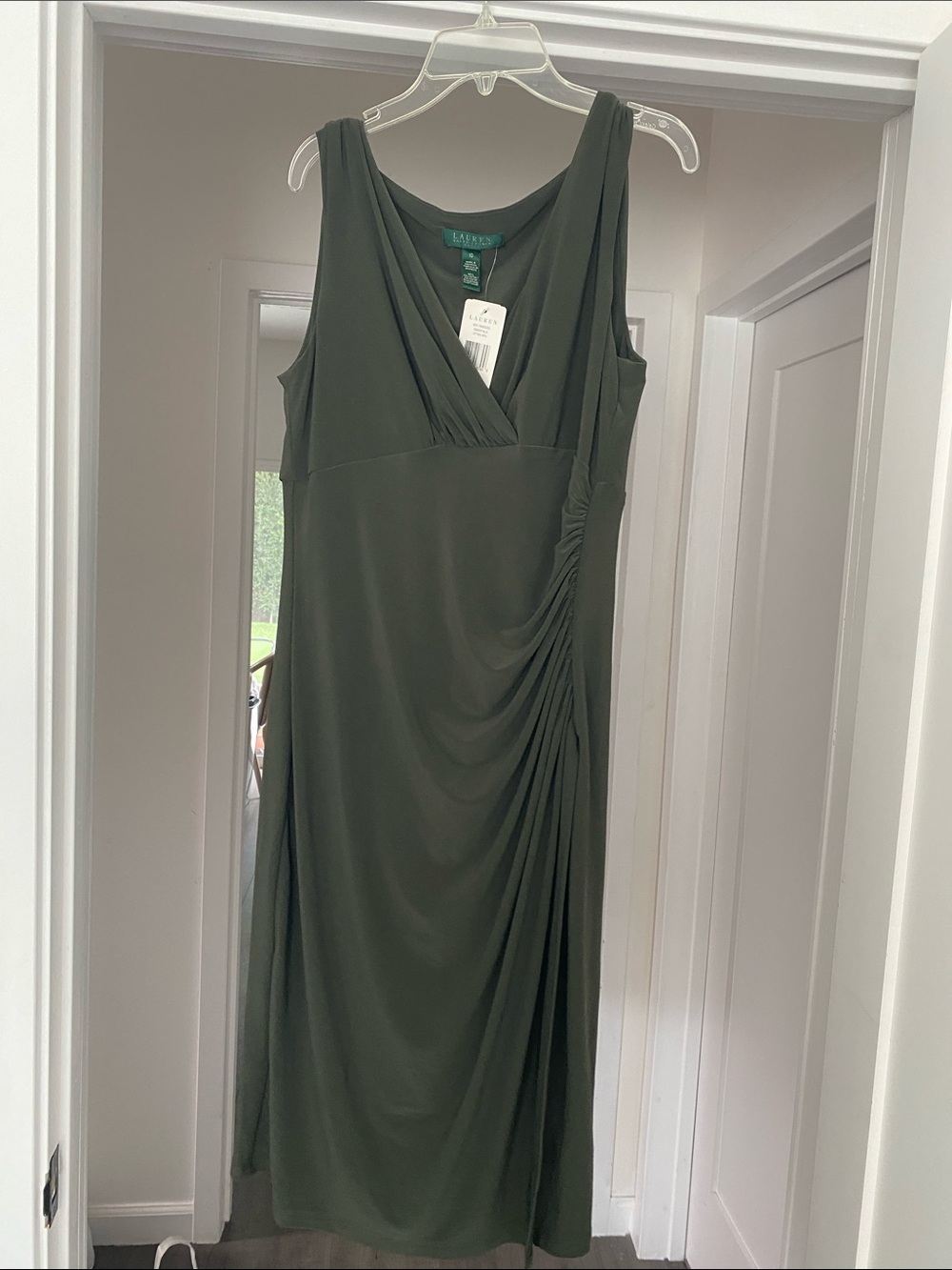 Lauren Ralph Lauren Olive Green Sleeveless V-Neck Draped Midi Dress
